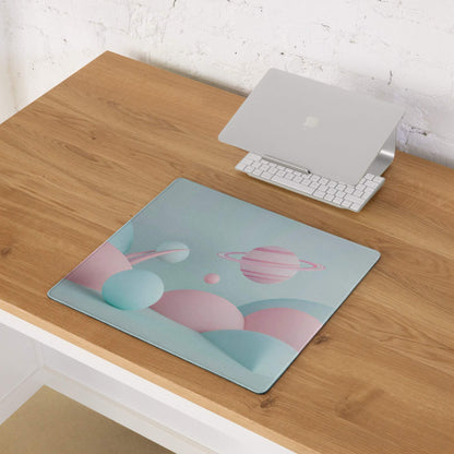 Pastel planet scene gaming mouse pad with pink blue teal planets on glass surface