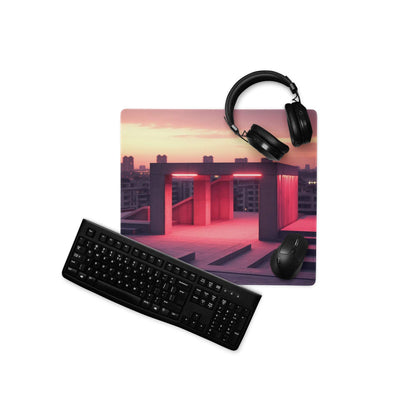 Black keyboard on Urban Neon Sunset gaming mouse pad with non-slip base