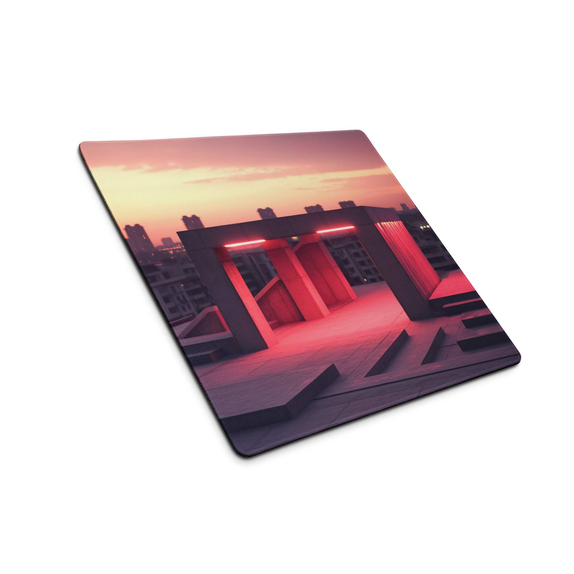 Large urban neon sunset gaming mouse pad with modern architecture in twilight glow