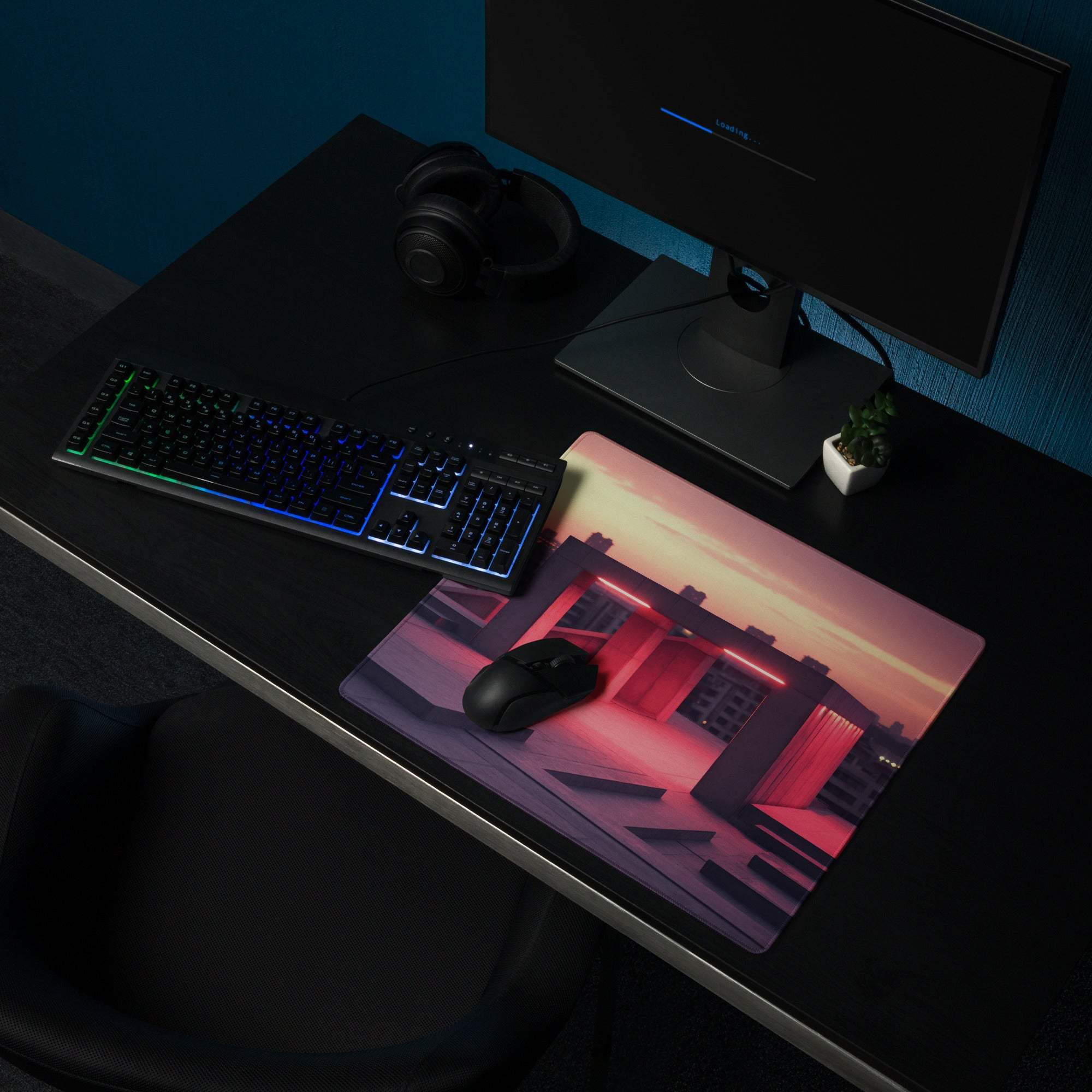 Large urban neon sunset gaming mouse pad with vibrant orange pink hues, non-slip base, edge stitching