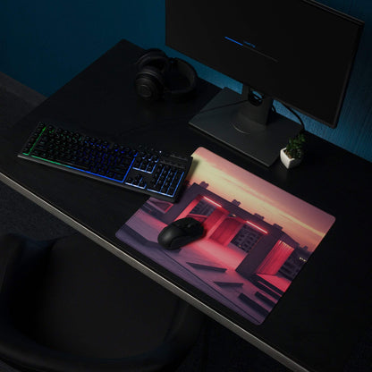 Large urban neon sunset gaming mouse pad with vibrant orange pink hues, non-slip base, edge stitching