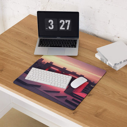Large urban neon sunset gaming mouse pad with pink orange purple cityscape, non-slip base, stitched edges