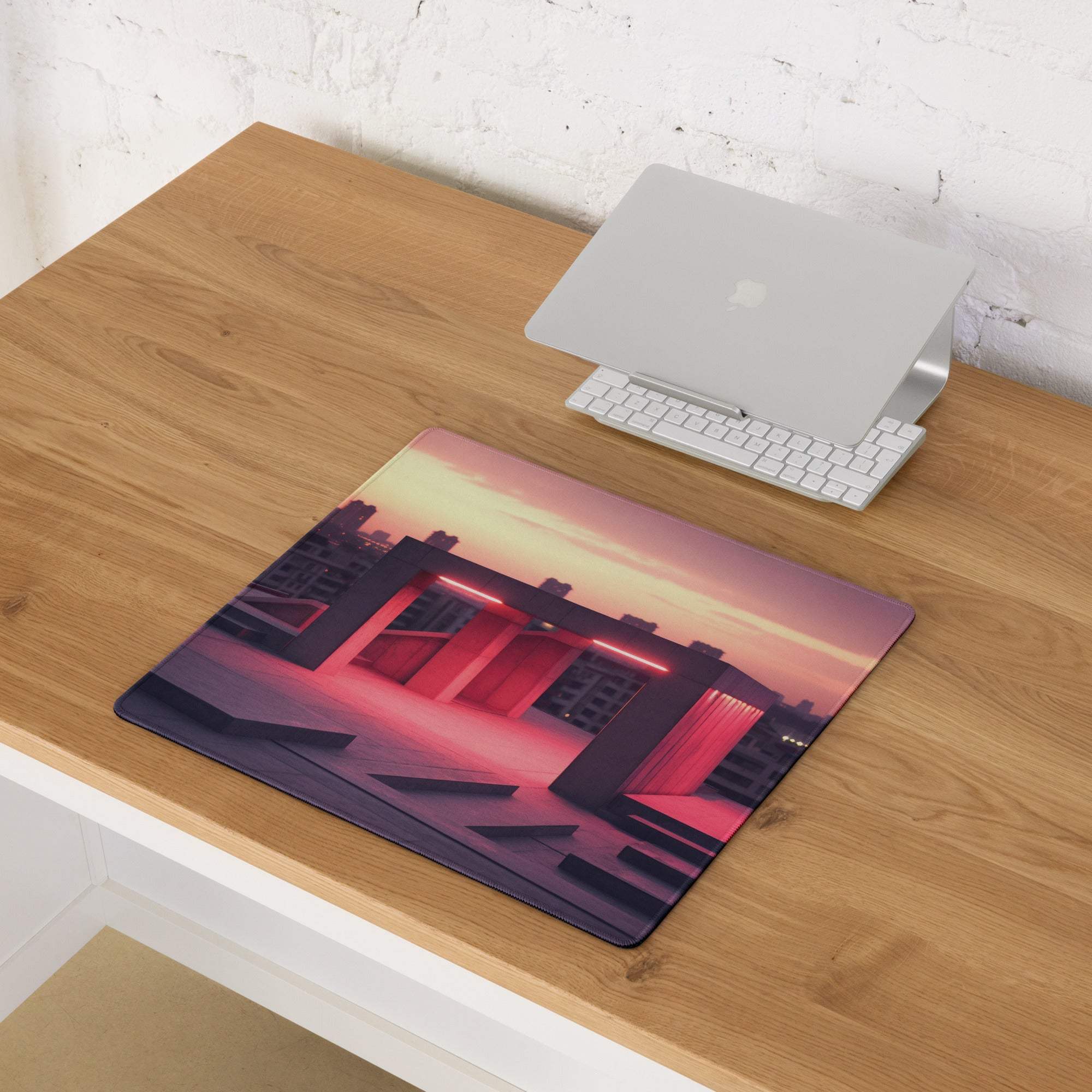 Urban neon sunset gaming mouse pad with vibrant building illustration