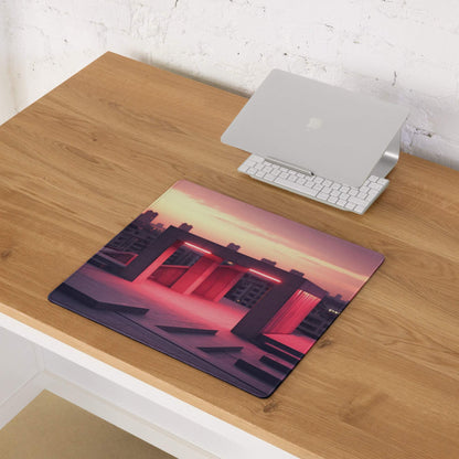 Urban neon sunset gaming mouse pad with vibrant building illustration