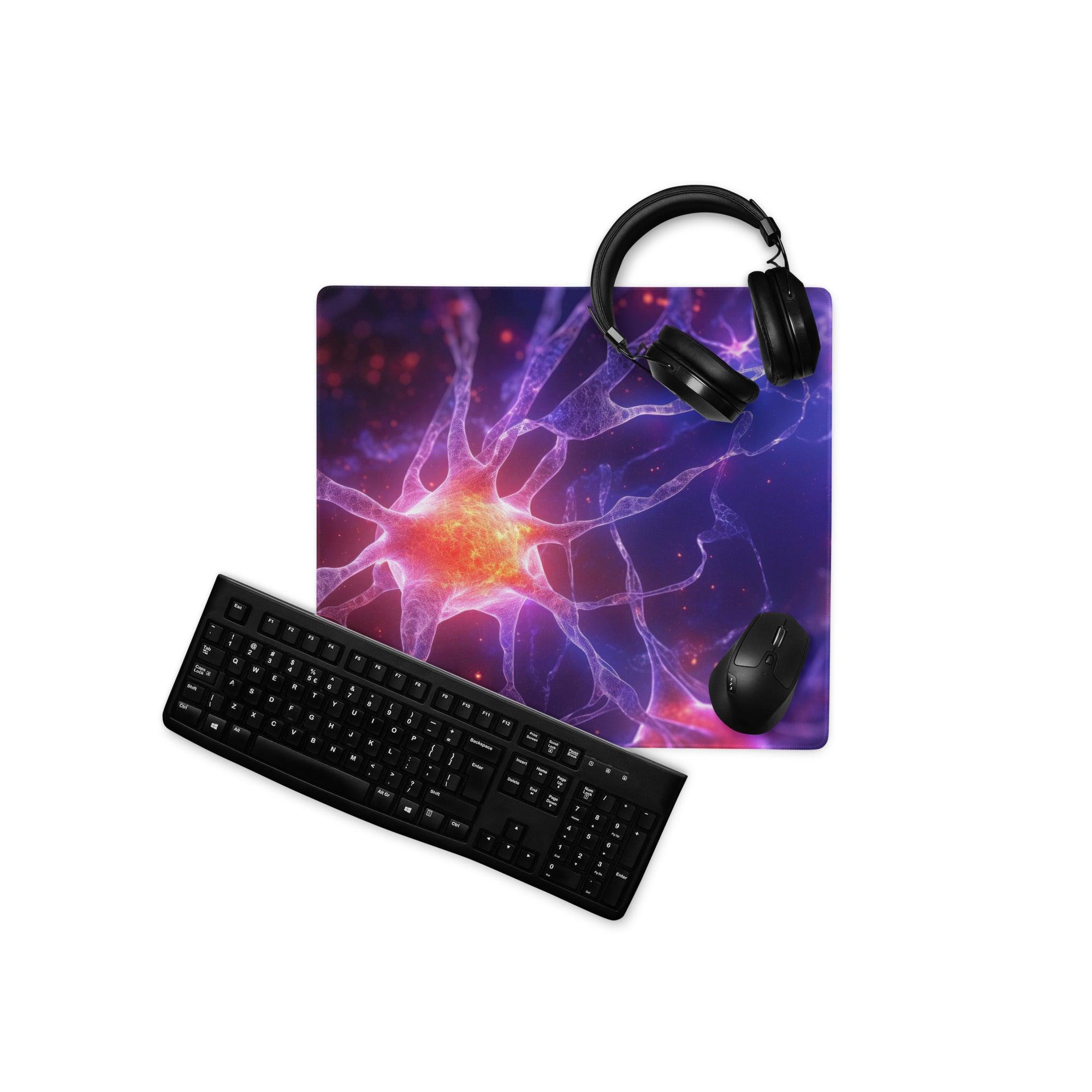Epic Neon Purple Neural Network gaming mouse pad with vibrant neurons, keyboard, headphones