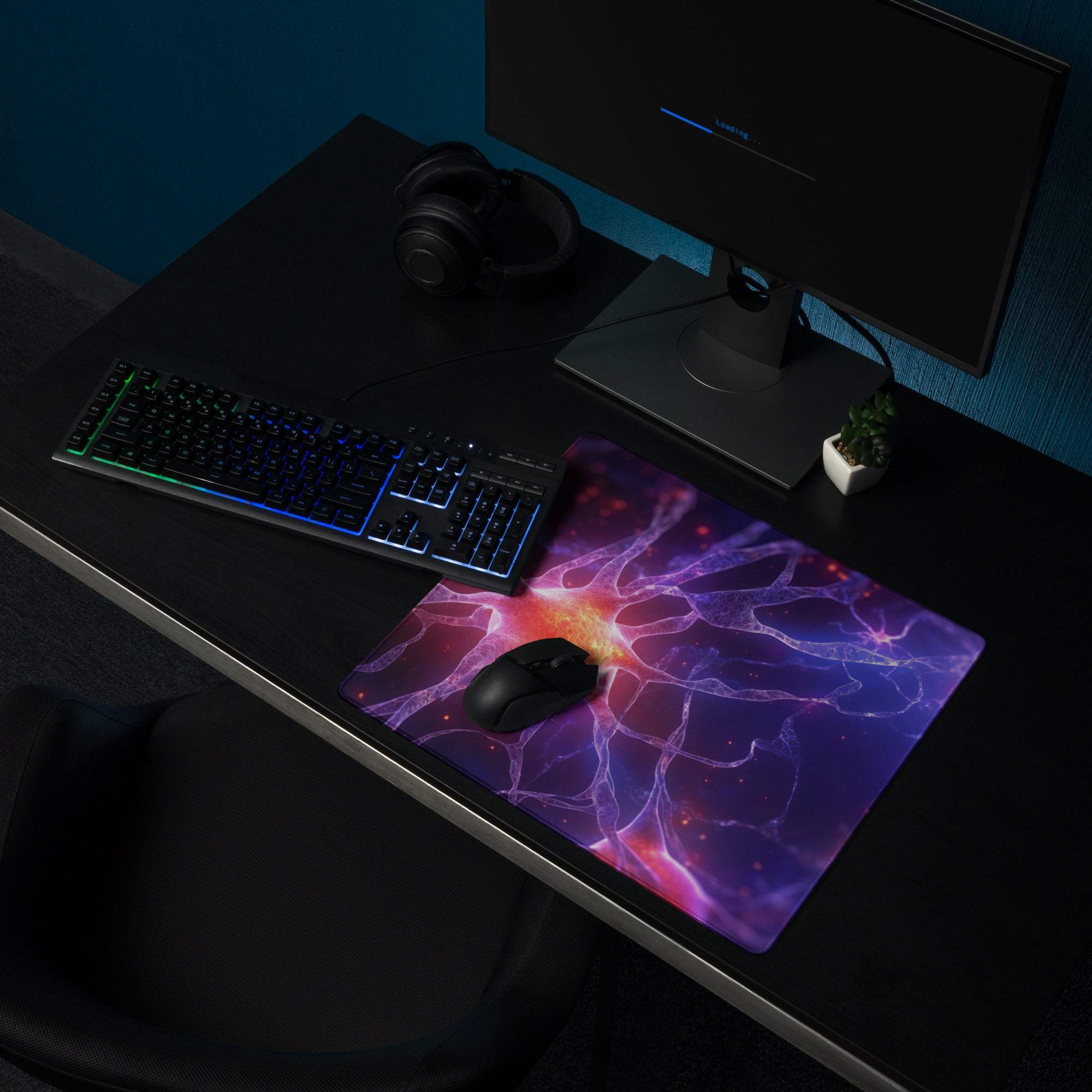 Vibrant cosmic nebula gaming mouse pad in purple pink orange hues large non-slip stitched