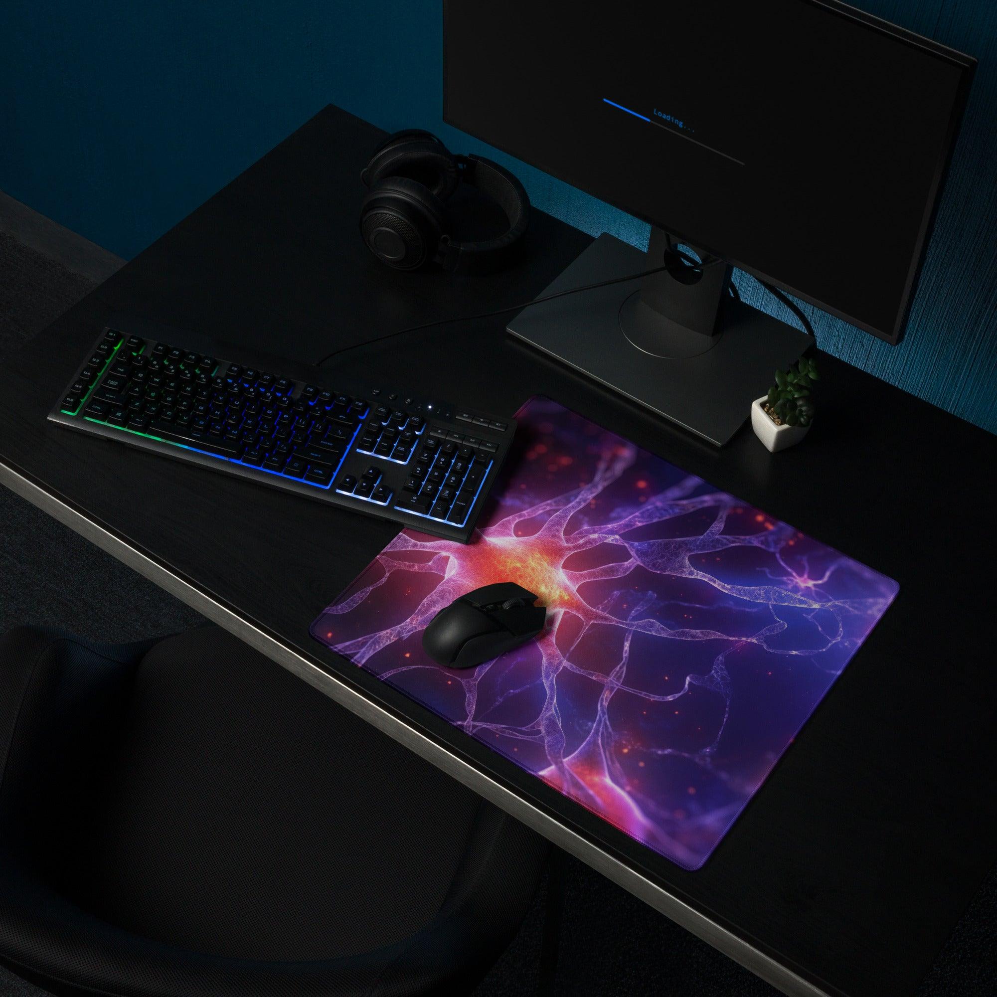 Vibrant cosmic nebula gaming mouse pad in purple pink orange hues large non-slip stitched