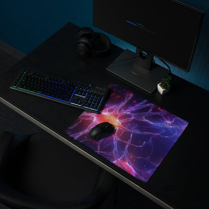 Vibrant cosmic nebula gaming mouse pad in purple pink orange hues large non-slip stitched