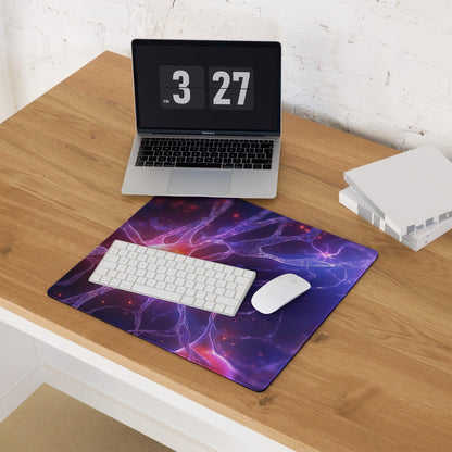 Epic neon purple neural network gaming mouse pad with cosmic nebula design