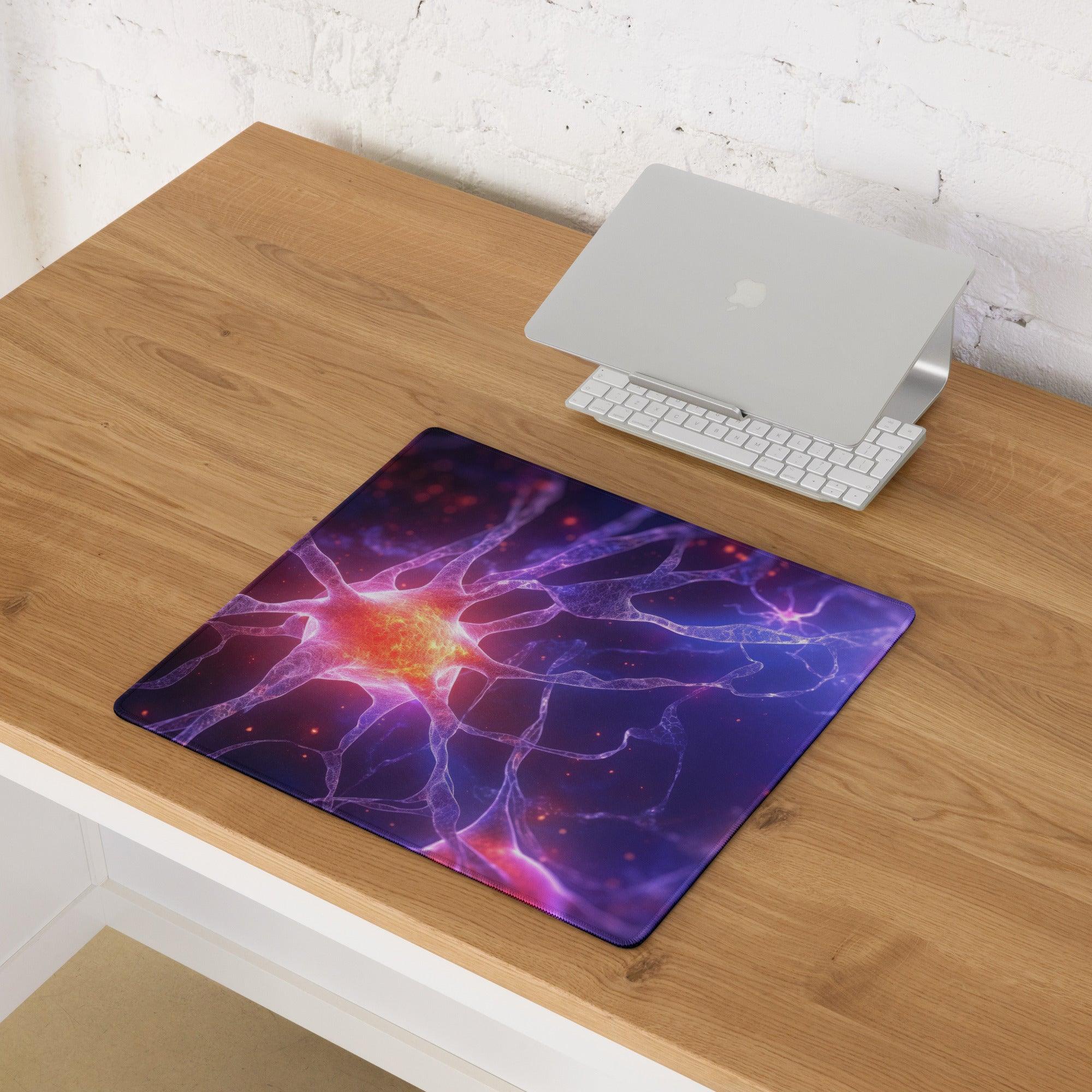 Epic Neon Purple Neural Network Gaming Mouse Pad with vibrant cosmic neurons