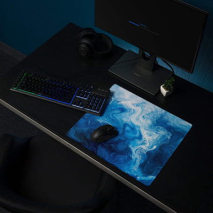 Blue white marbled gaming mousepad with black wireless mouse