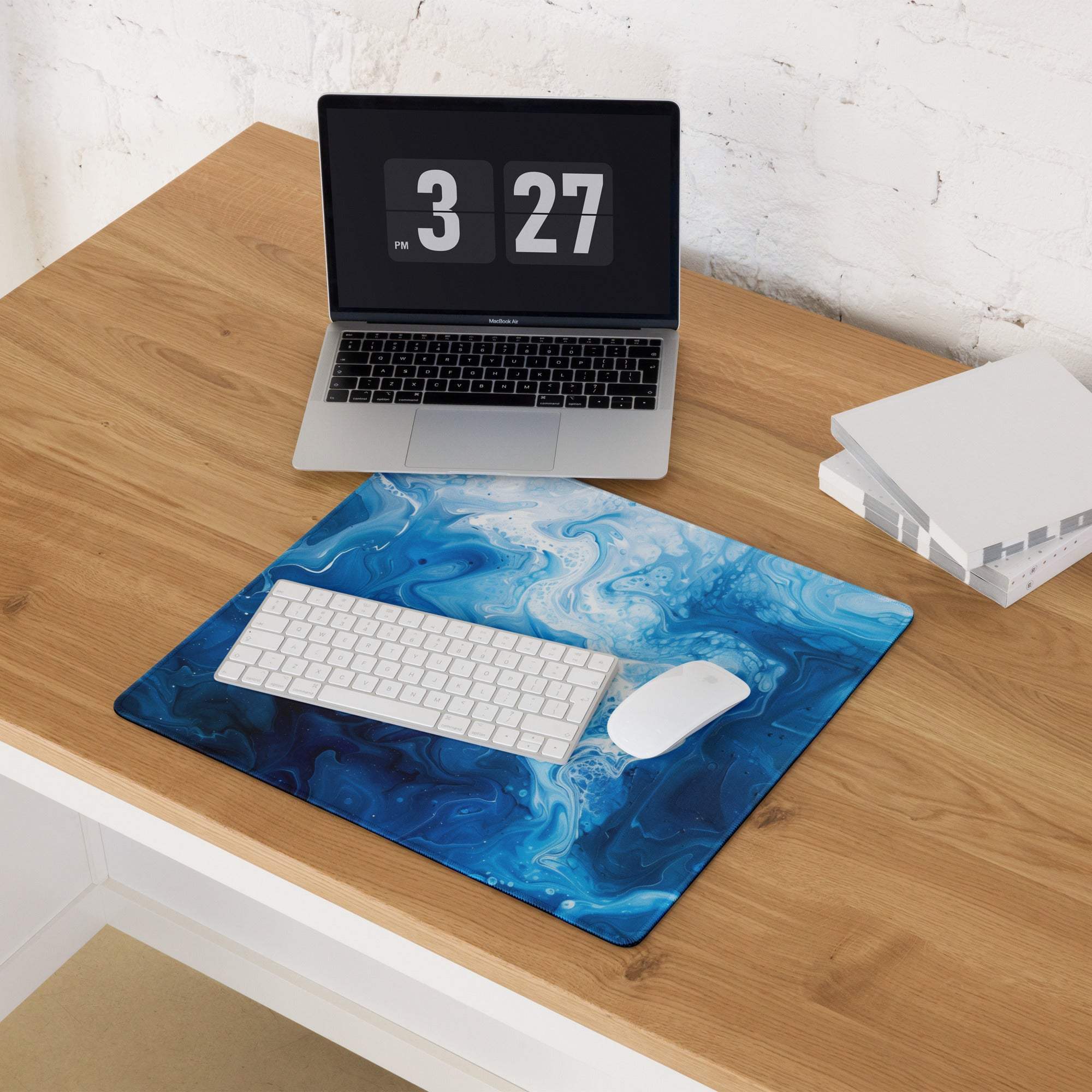 Blue white marbled gaming mouse pad with sleek design non-slip surface stitching