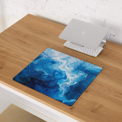 Blue and white marbled gaming mouse pad with glossy finish and stitched edges