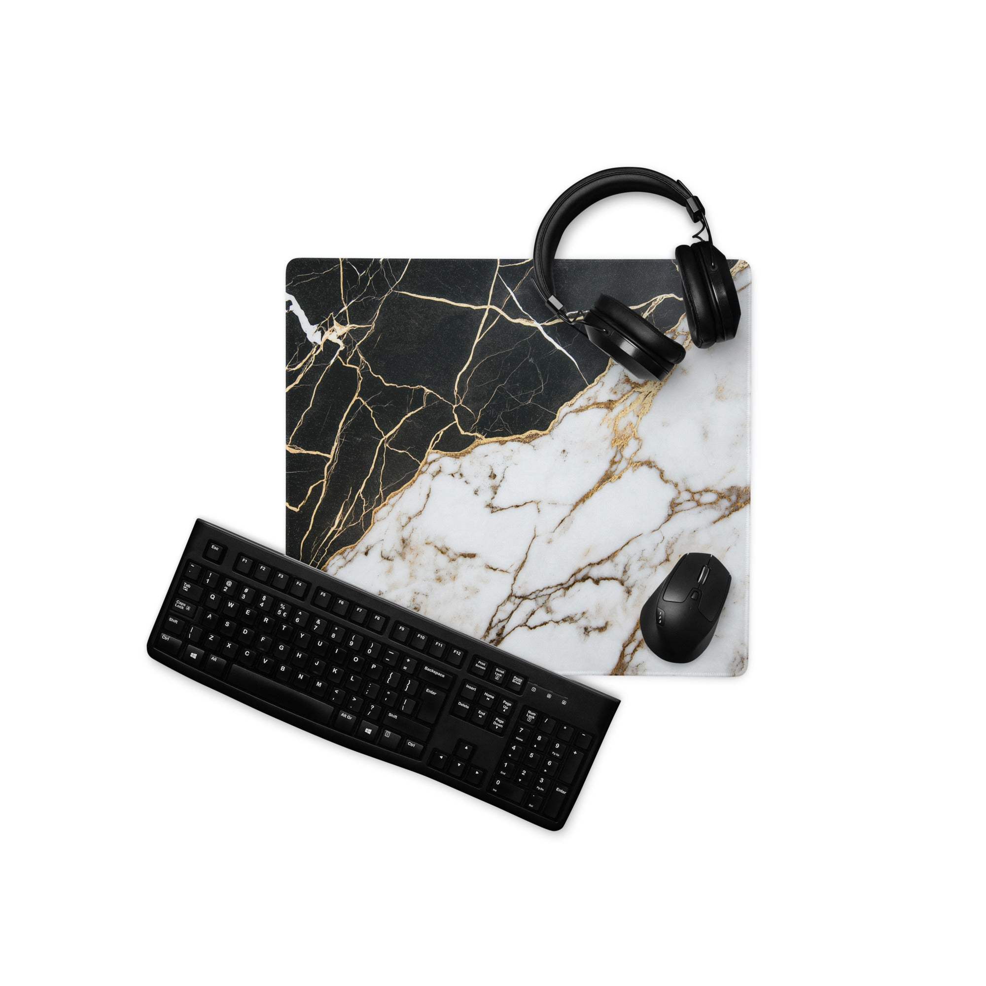 Lux black and white marble gaming mouse pad with gold veins and non-slip base