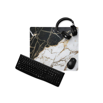 Lux black and white marble gaming mouse pad with gold veins and non-slip base