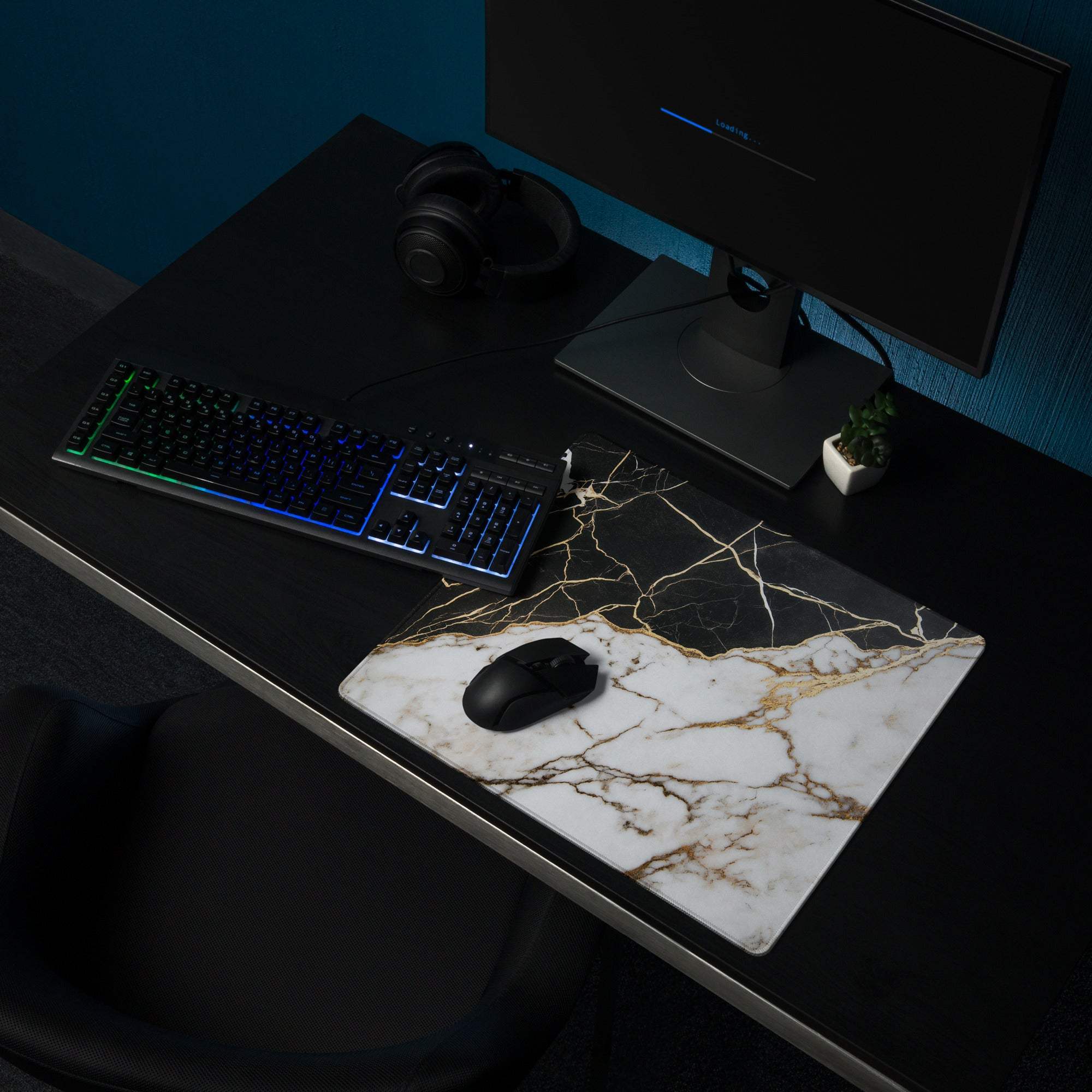 Lux black and white marble gaming mouse pad with gold veins and non-slip base