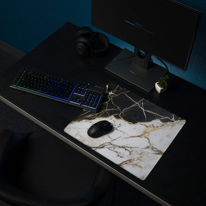 Lux black and white marble gaming mouse pad with gold veins and non-slip base