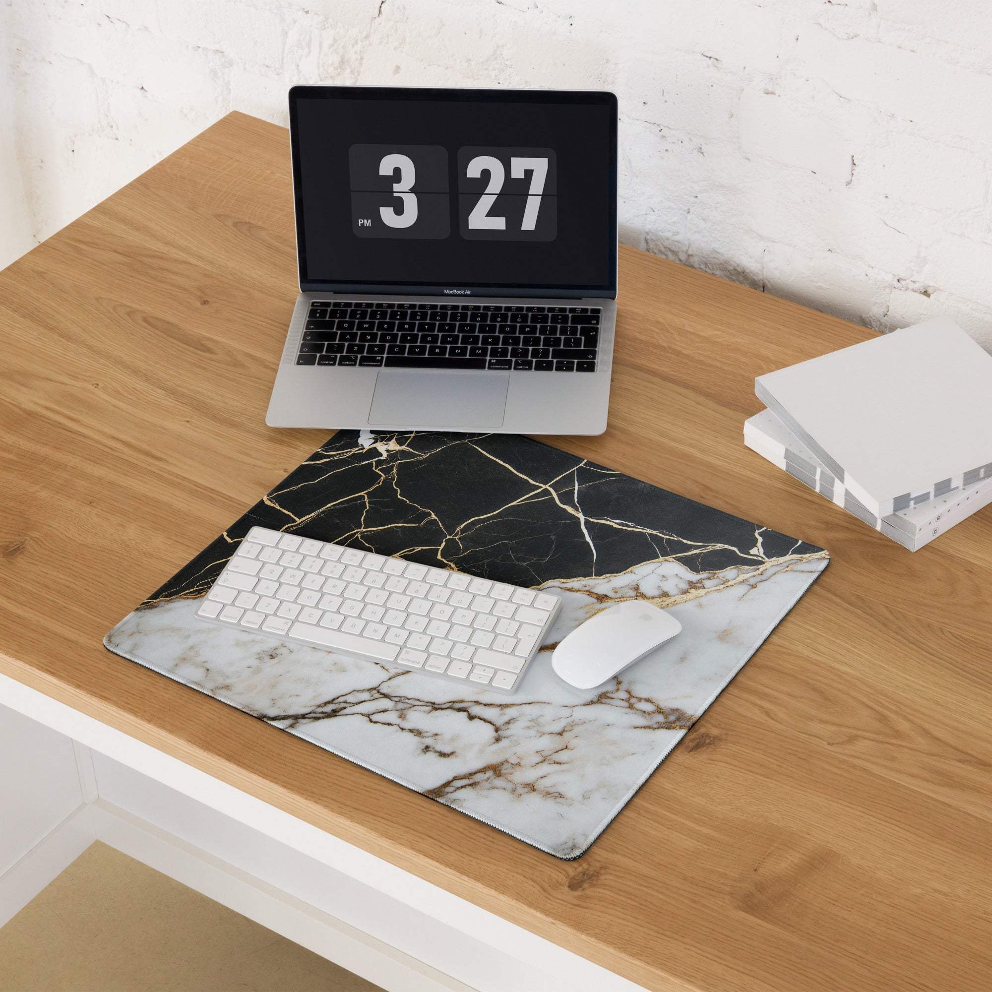 Lux black and white marble gaming mouse pad with gold veins and non-slip base