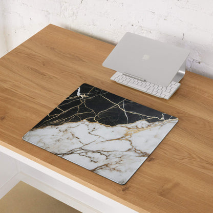 Lux black and white marble gaming mouse pad with gold veins and non-slip base