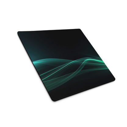 Black gaming mouse pad with teal green wave design, non-slip stitched edges