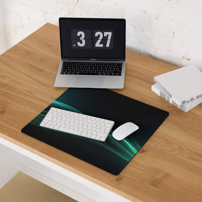 Large Sleek Style gaming mouse pad with teal wave on black, non-slip edge stitching