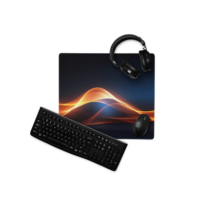 Black gaming mousepad with orange gold wave design on blue background