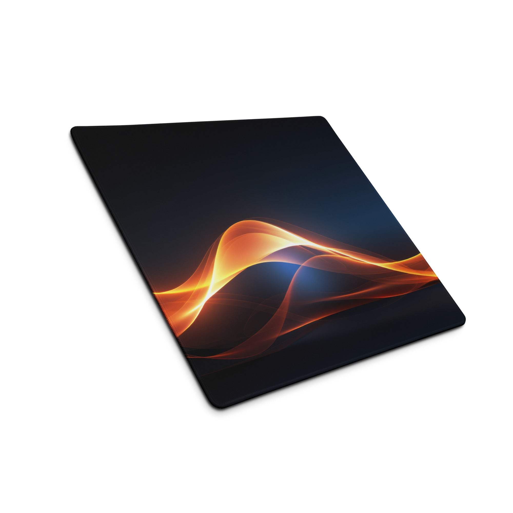 Black rectangular gaming mousepad with vibrant orange blue flame wave design
