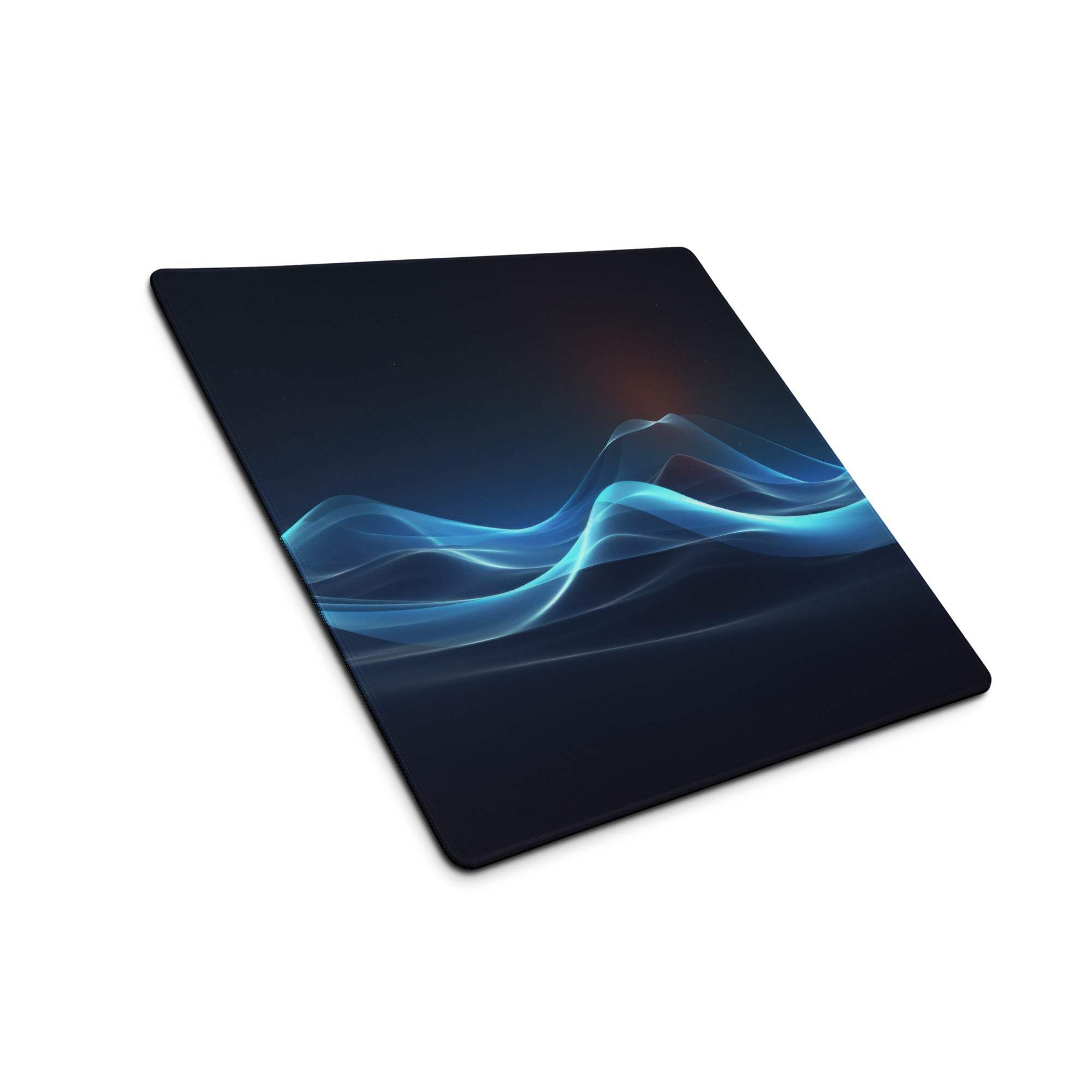 Black rectangular mousepad with vibrant blue ocean wave design and glowing highlights