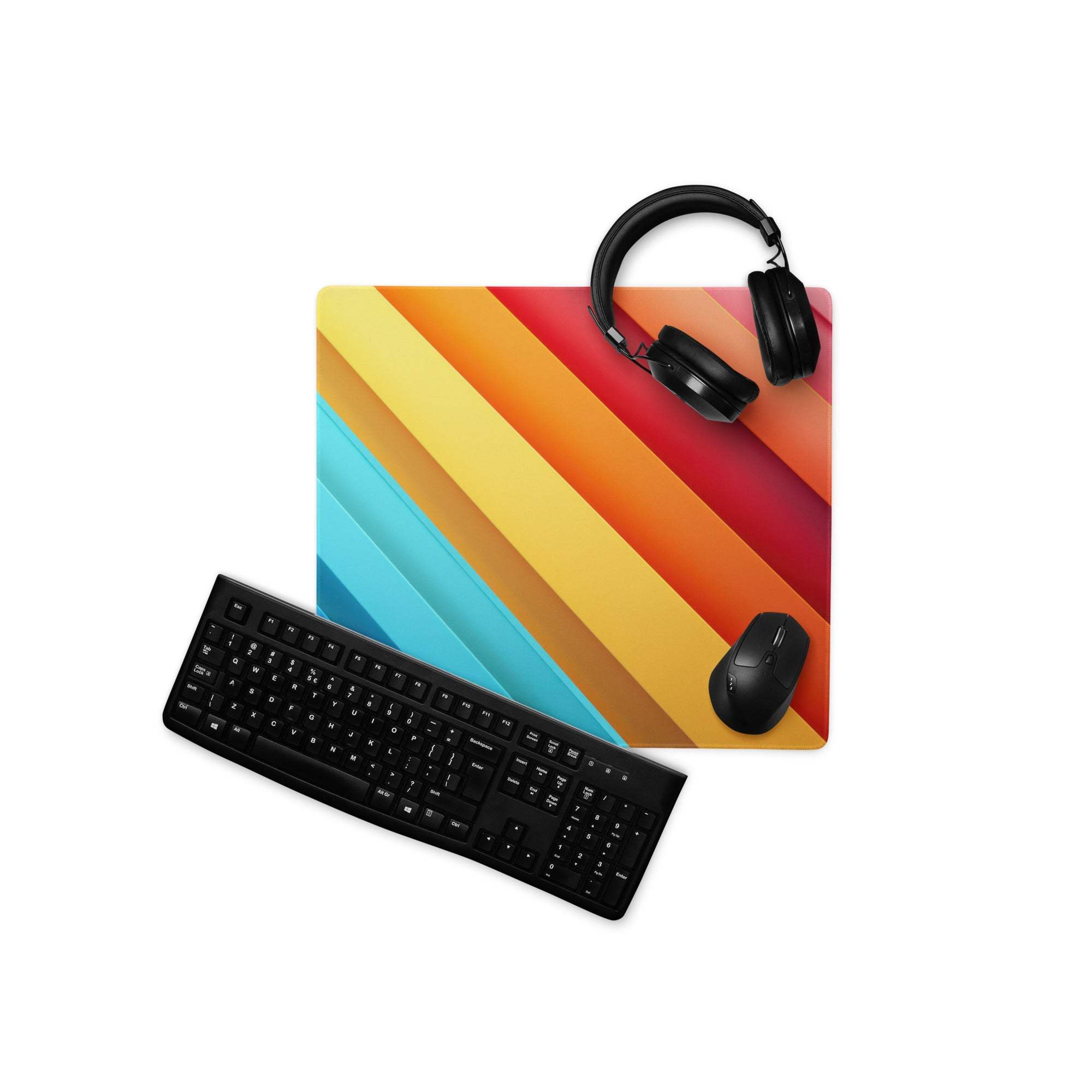 Vibrant rainbow gradient gaming mouse pad with non-slip base and edge stitching