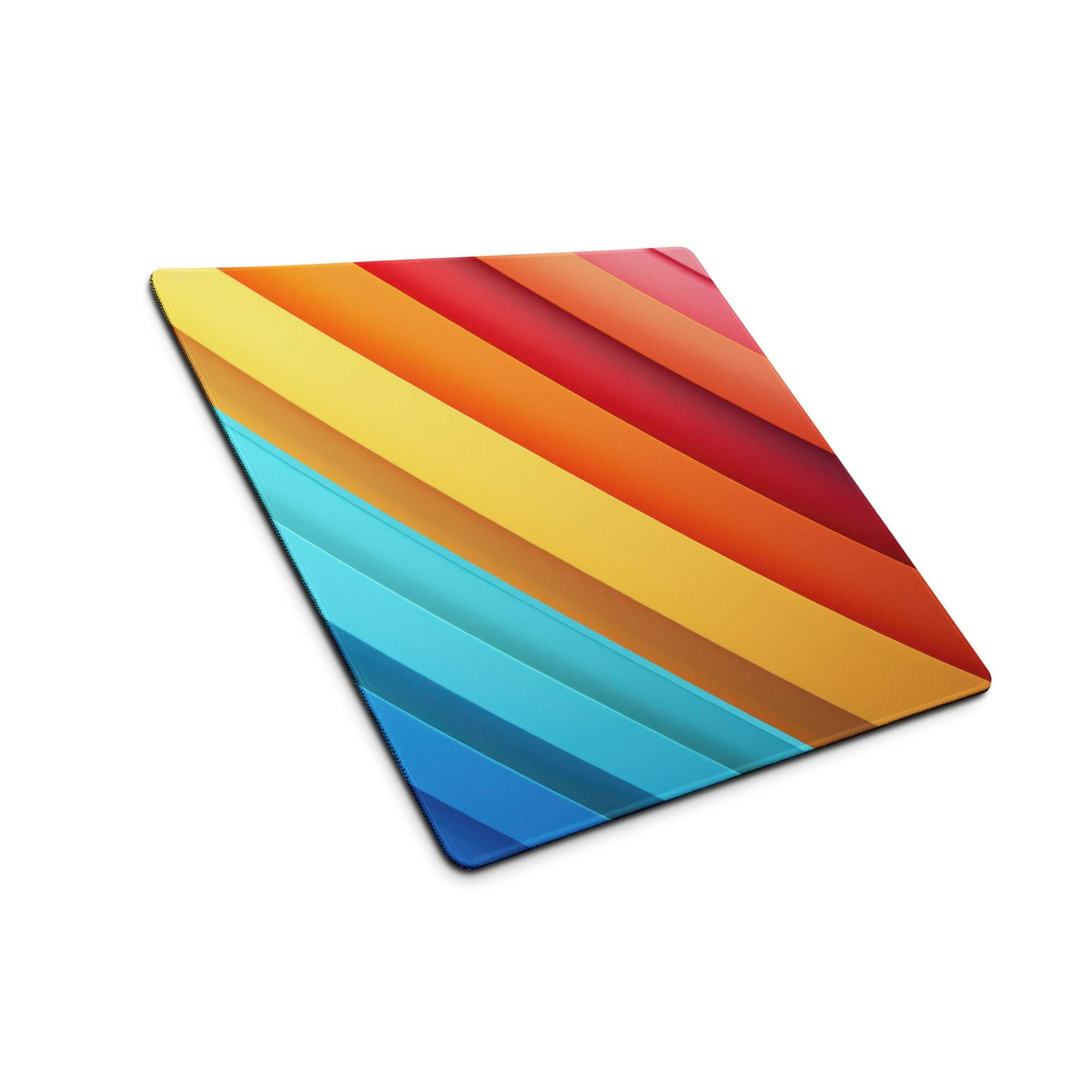 Vibrant rainbow gradient gaming mouse pad with diagonal stripes and non-slip base