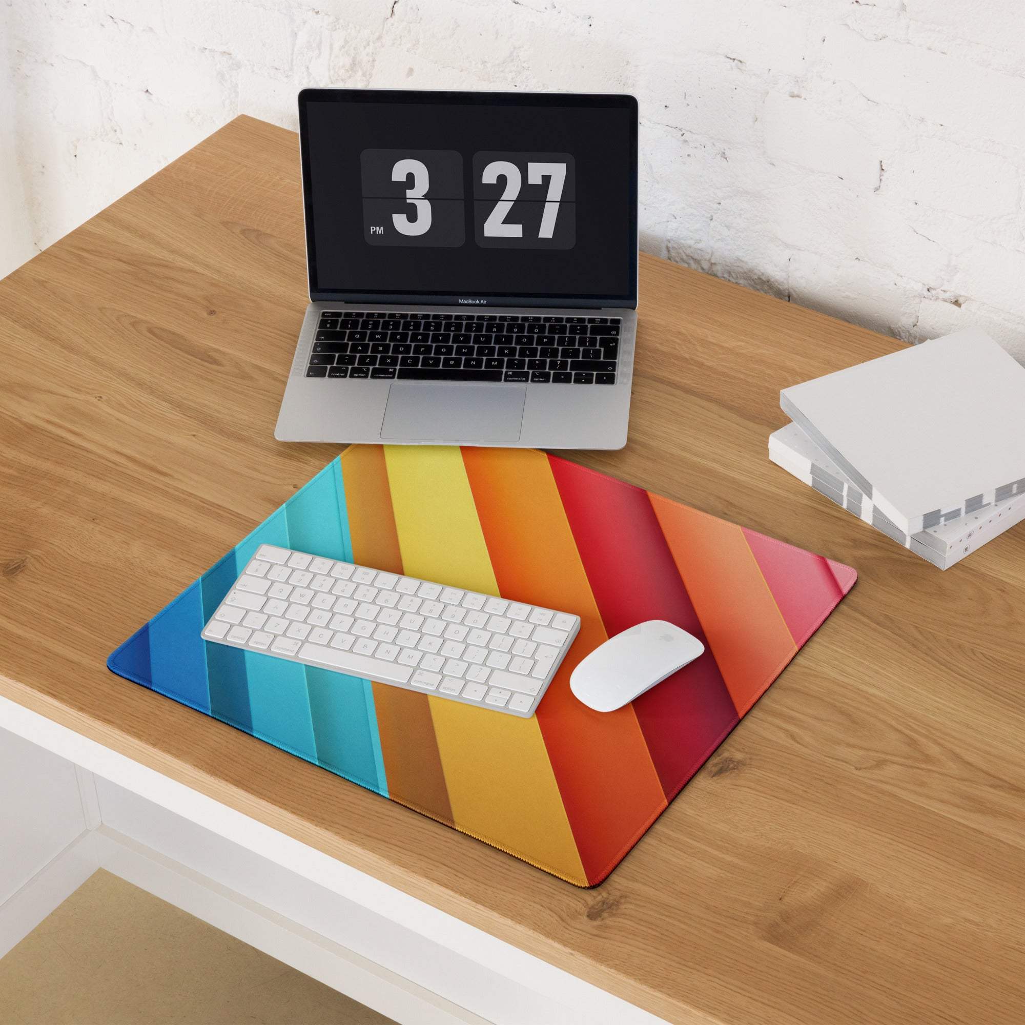 Vibrant rainbow gradient gaming mouse pad with large size, non-slip base, edge stitching