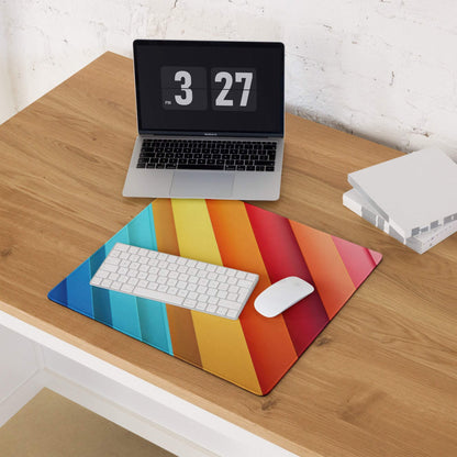 Vibrant rainbow gradient gaming mouse pad with large size, non-slip base, edge stitching