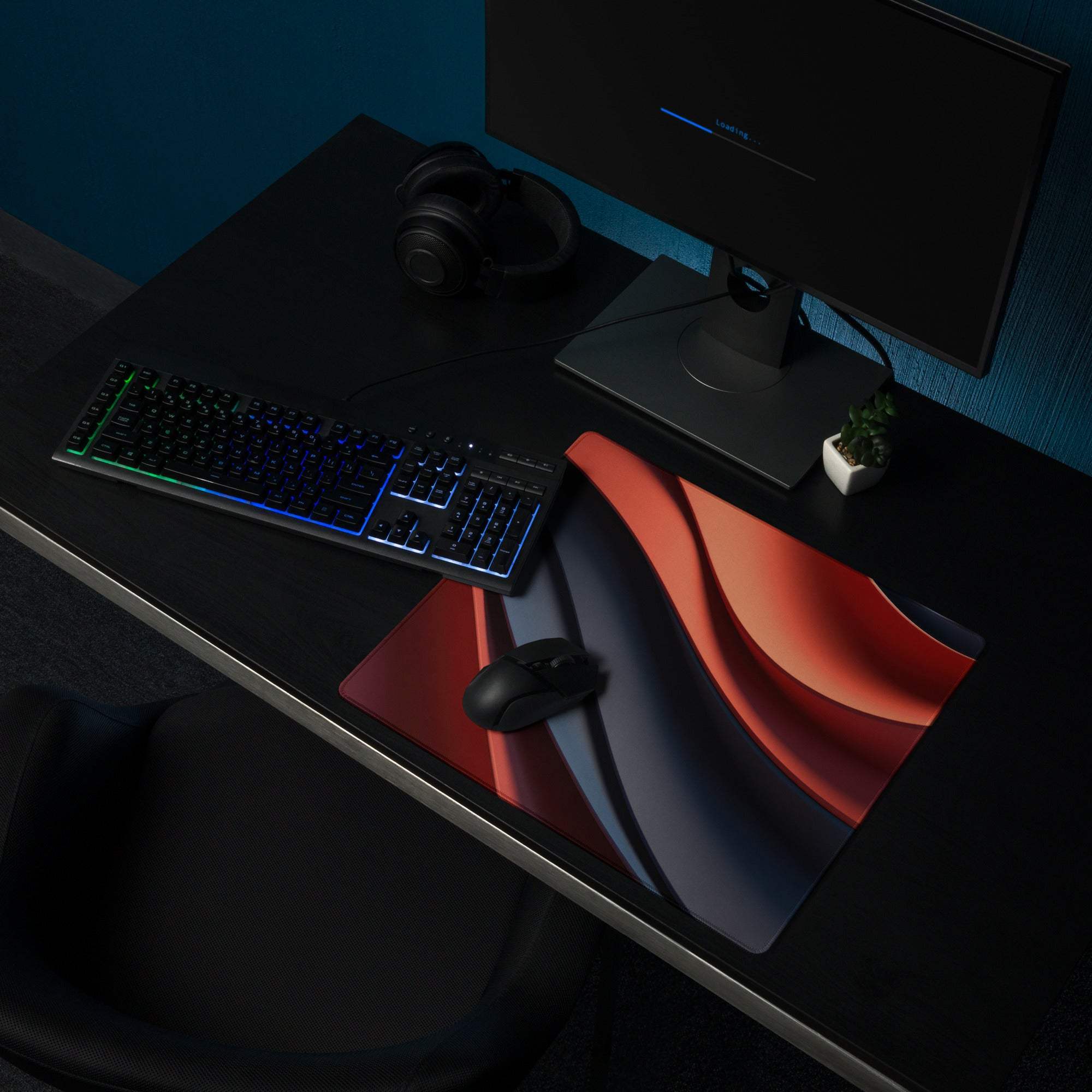 Large bold red and blue wave gaming mouse pad with non-slip base