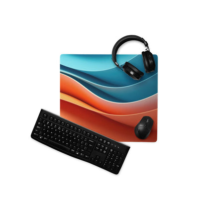 Abstract wave gaming mousepad in blue orange waves with black headphones