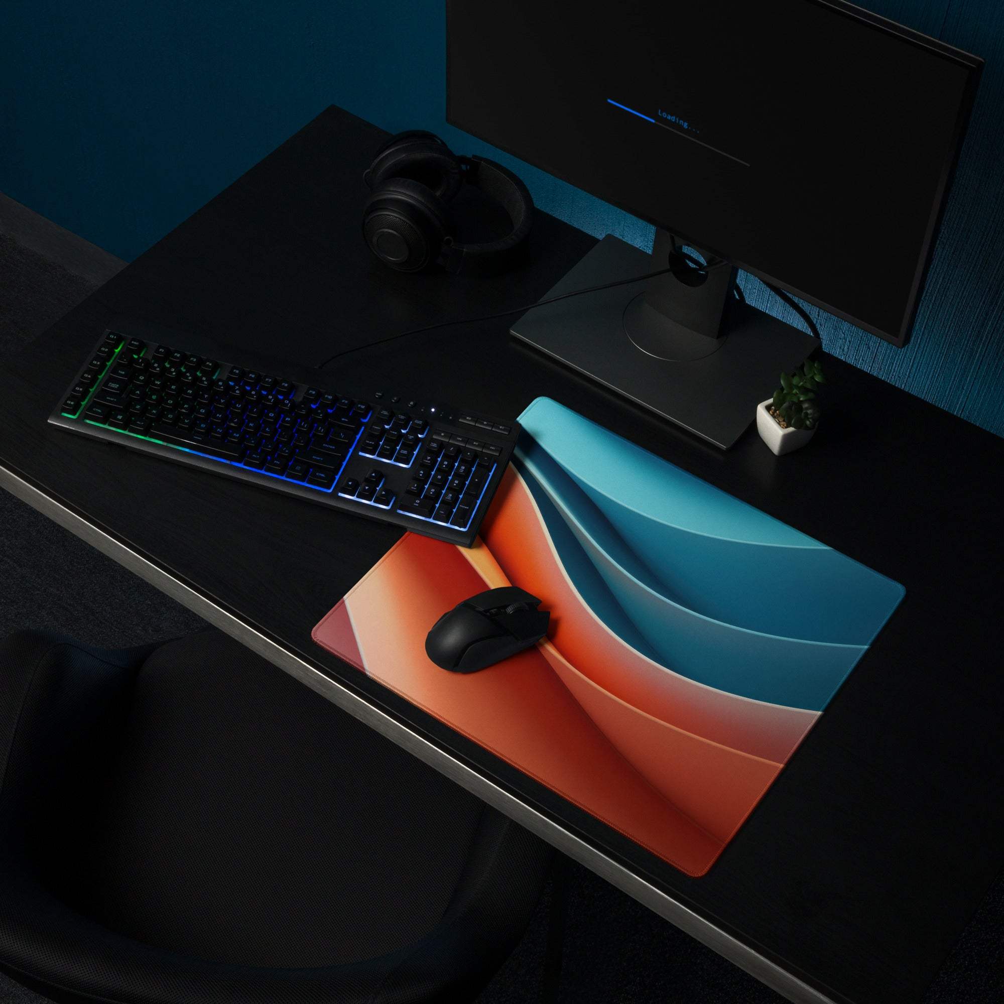 Abstract wave gaming mouse pad with orange coral teal waves