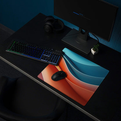 Abstract wave gaming mouse pad with orange coral teal waves