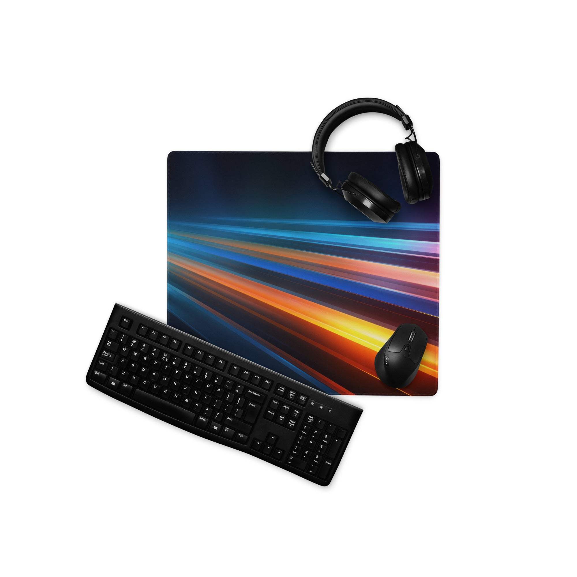 Black keyboard on vibrant neon light trails gaming mouse pad