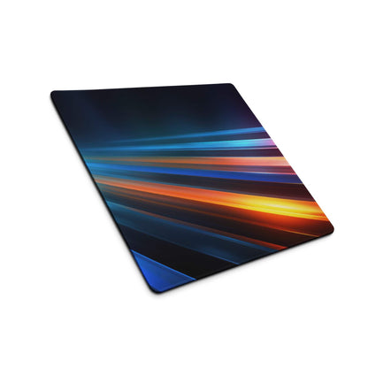 Vibrant neon light trails gaming mouse pad with blue orange yellow streaks