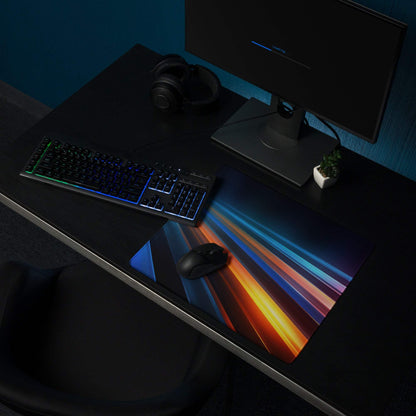 Vibrant rainbow-striped gaming mouse pad with glossy finish, non-slip base
