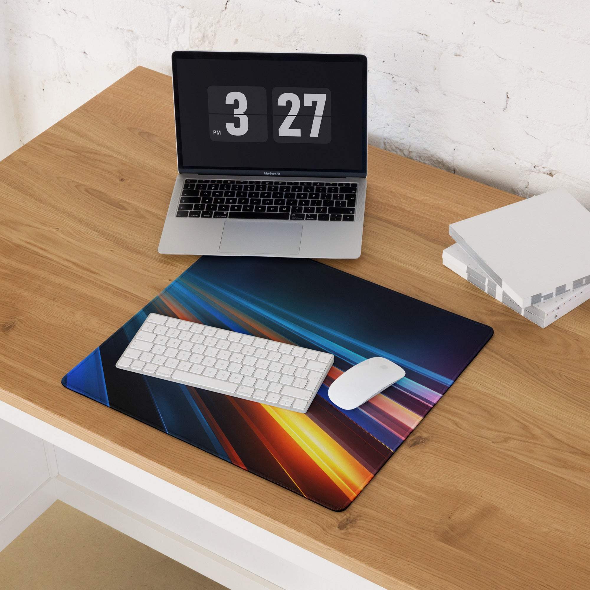 Vibrant neon blue orange purple light trails large gaming mouse pad