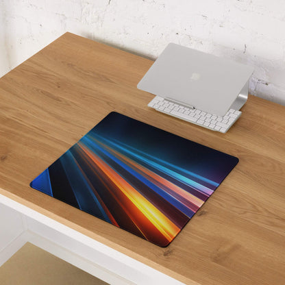 Vibrant neon light trails gaming mouse pad with blue orange purple streaks