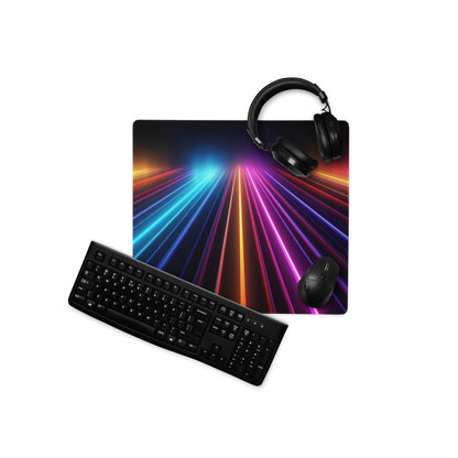 Black keyboard on vibrant neon rainbow lines ultra wide gaming mouse pad