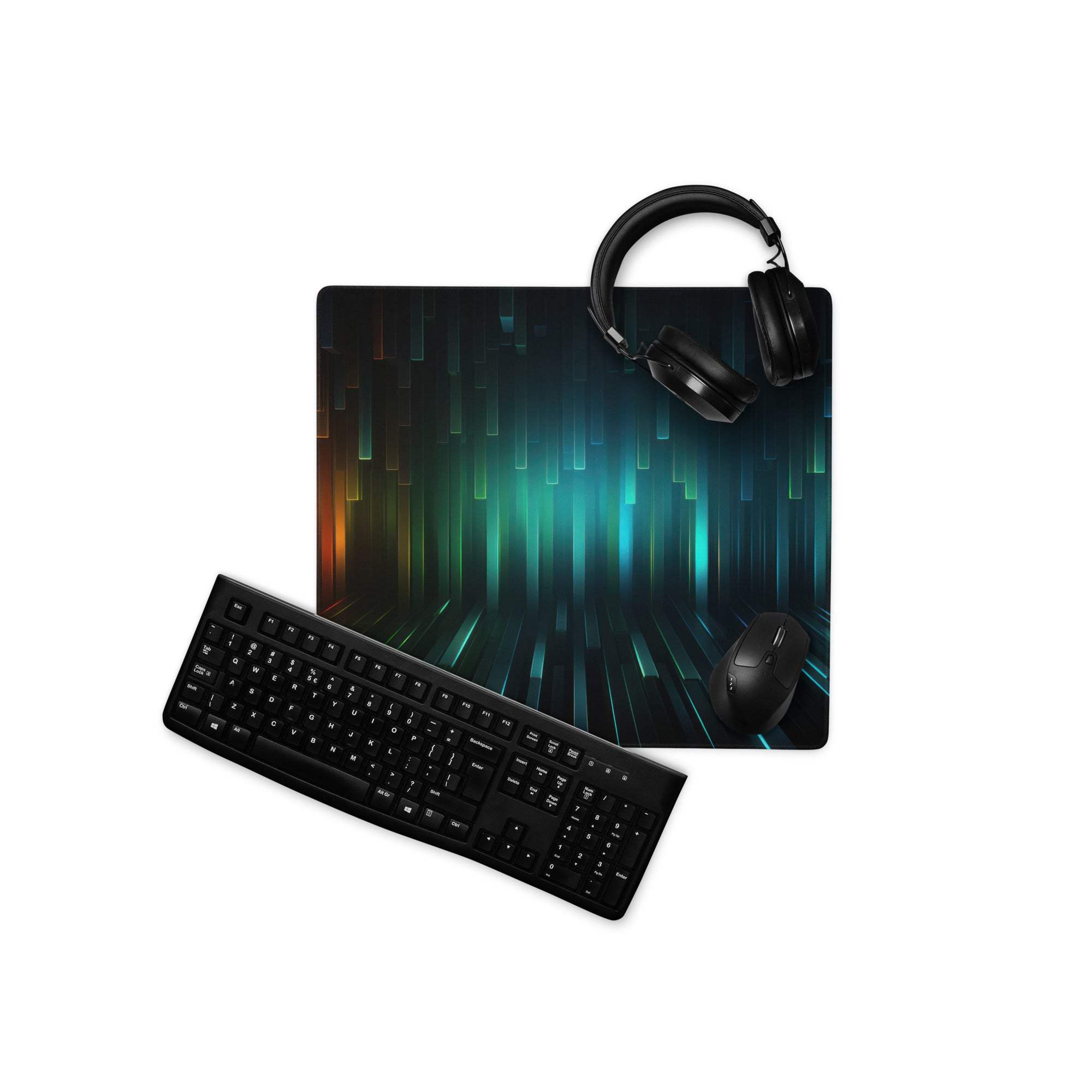 Black Futuristic Neon Pulse gaming mouse pad with teal orange vertical lights