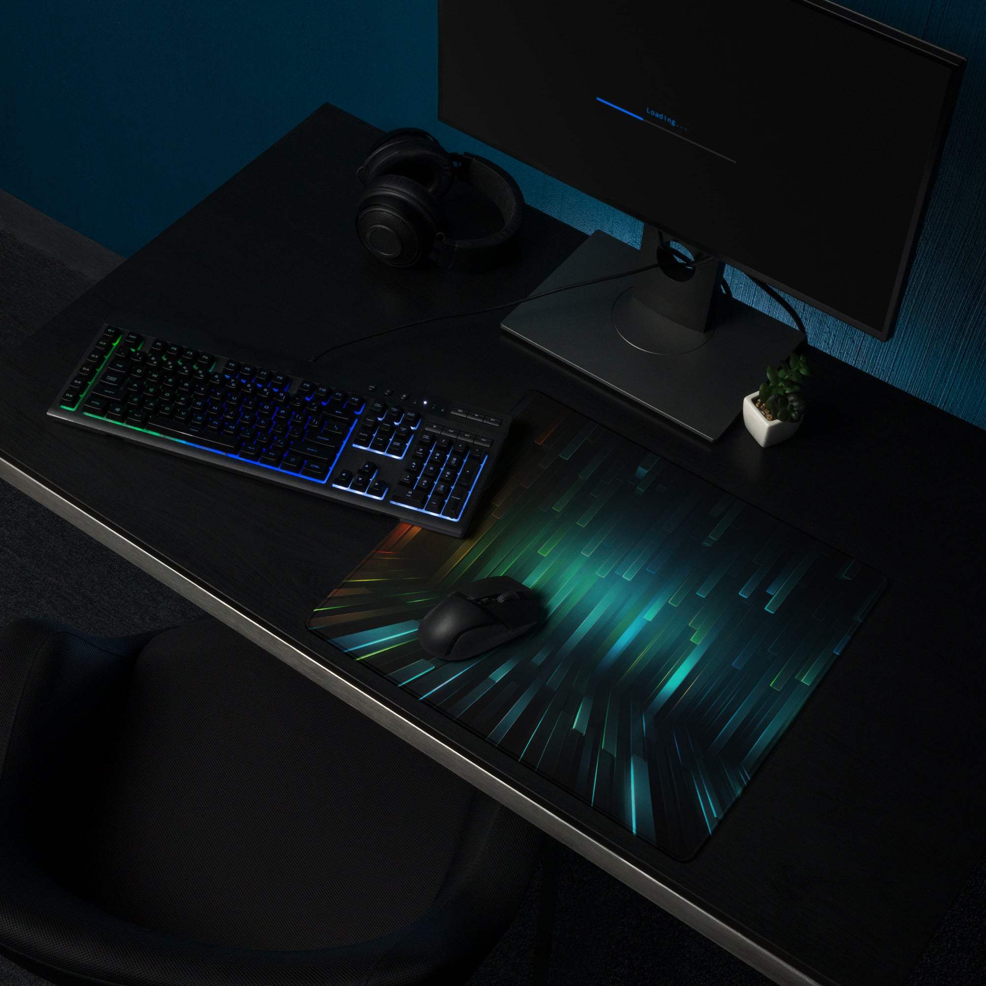 Futuristic Neon Pulse large gaming mouse pad with teal black light-ray design
