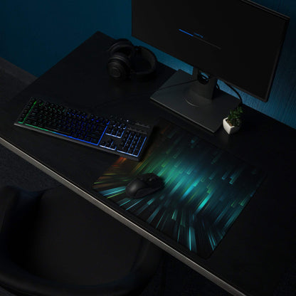 Futuristic Neon Pulse large gaming mouse pad with teal black light-ray design
