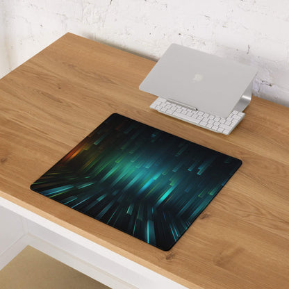 Futuristic Neon Pulse large gaming mouse pad with glowing teal orange geometric lines