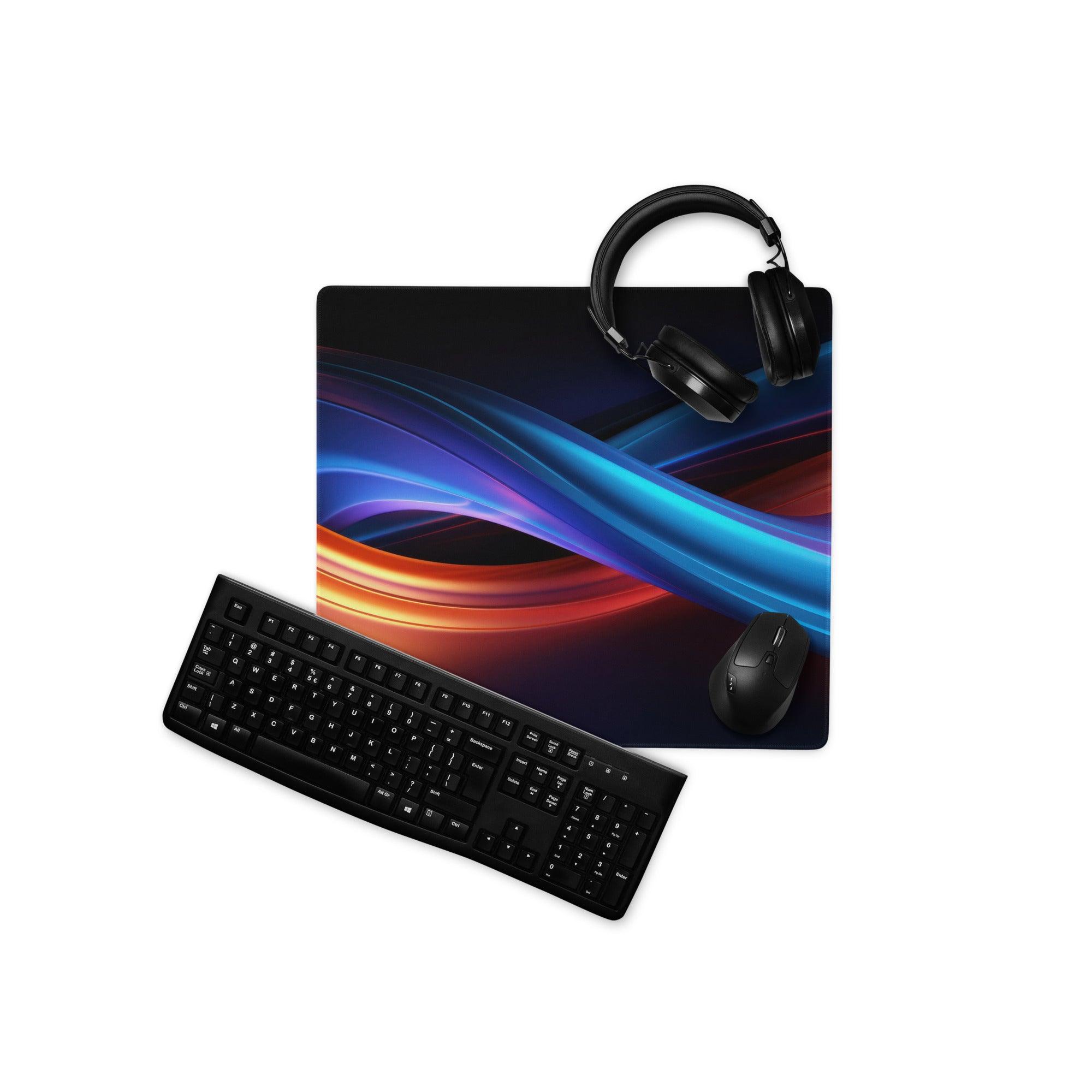 Black gaming mousepad with vibrant neon wave design and non-slip base