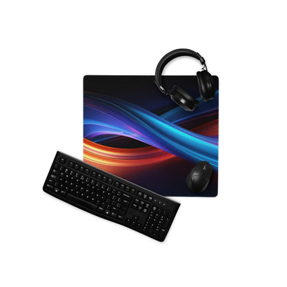 Black gaming mousepad with vibrant neon wave design and non-slip base