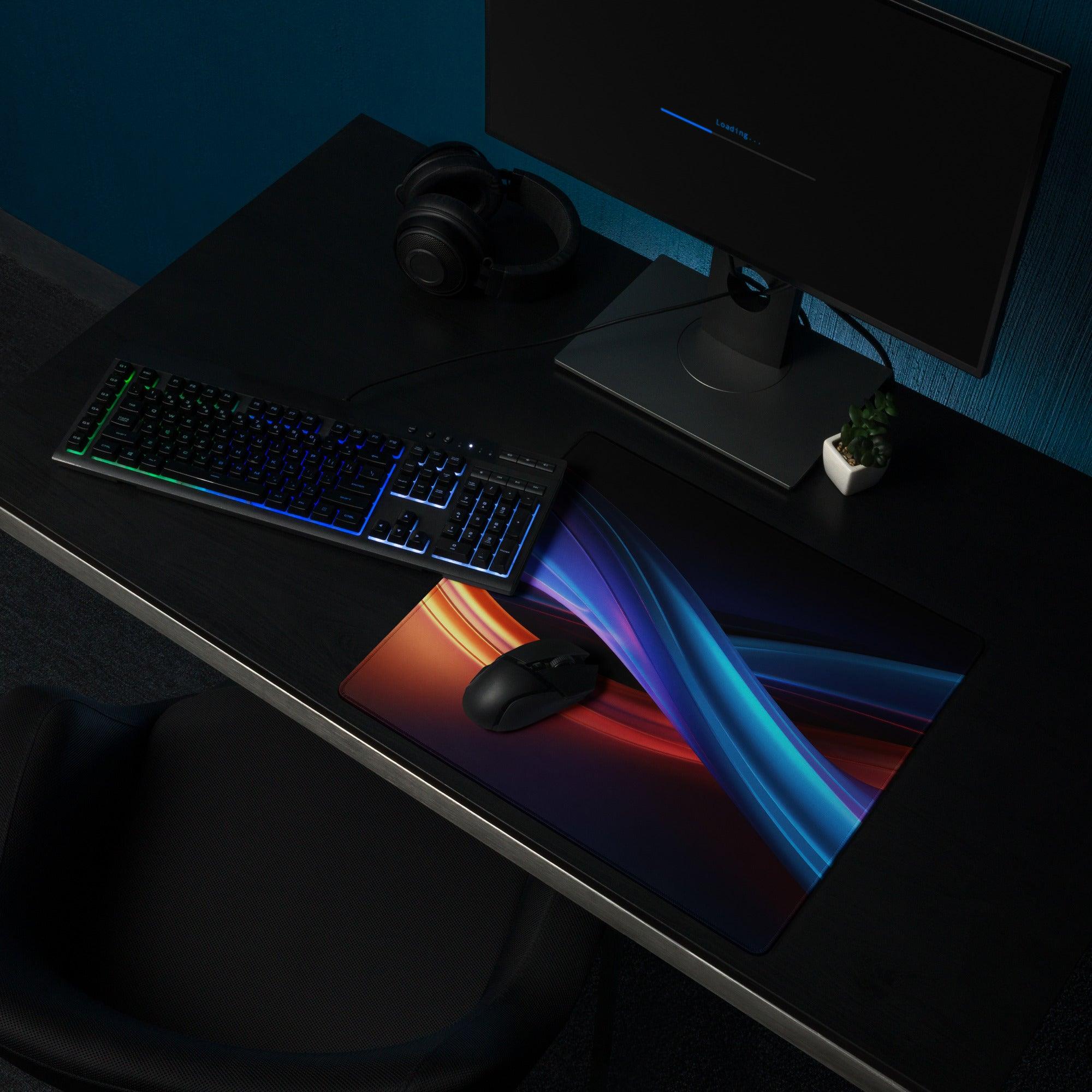 Premium large gaming mouse pad with vibrant neon wave design and non-slip base