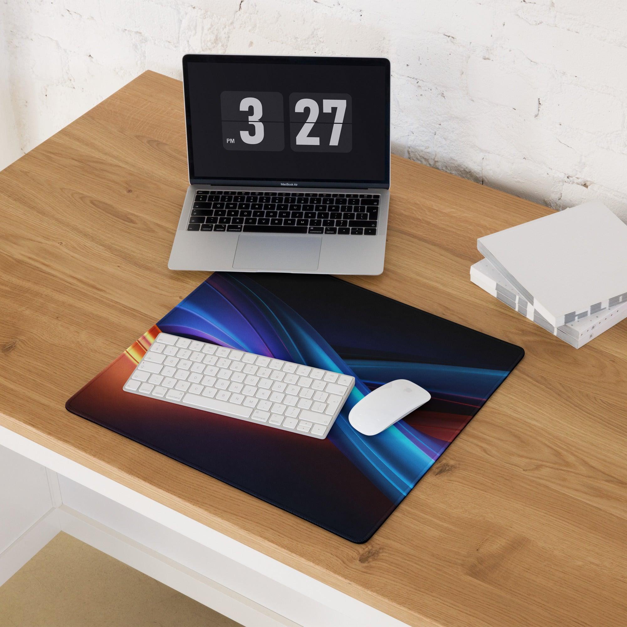 Premium large gaming mouse pad with neon wave design and non-slip base